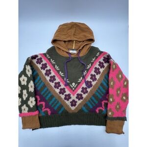 Natural Life Hooded Pullover Knit Sweatshirt Size L/XL Floral Knit Boho Multi